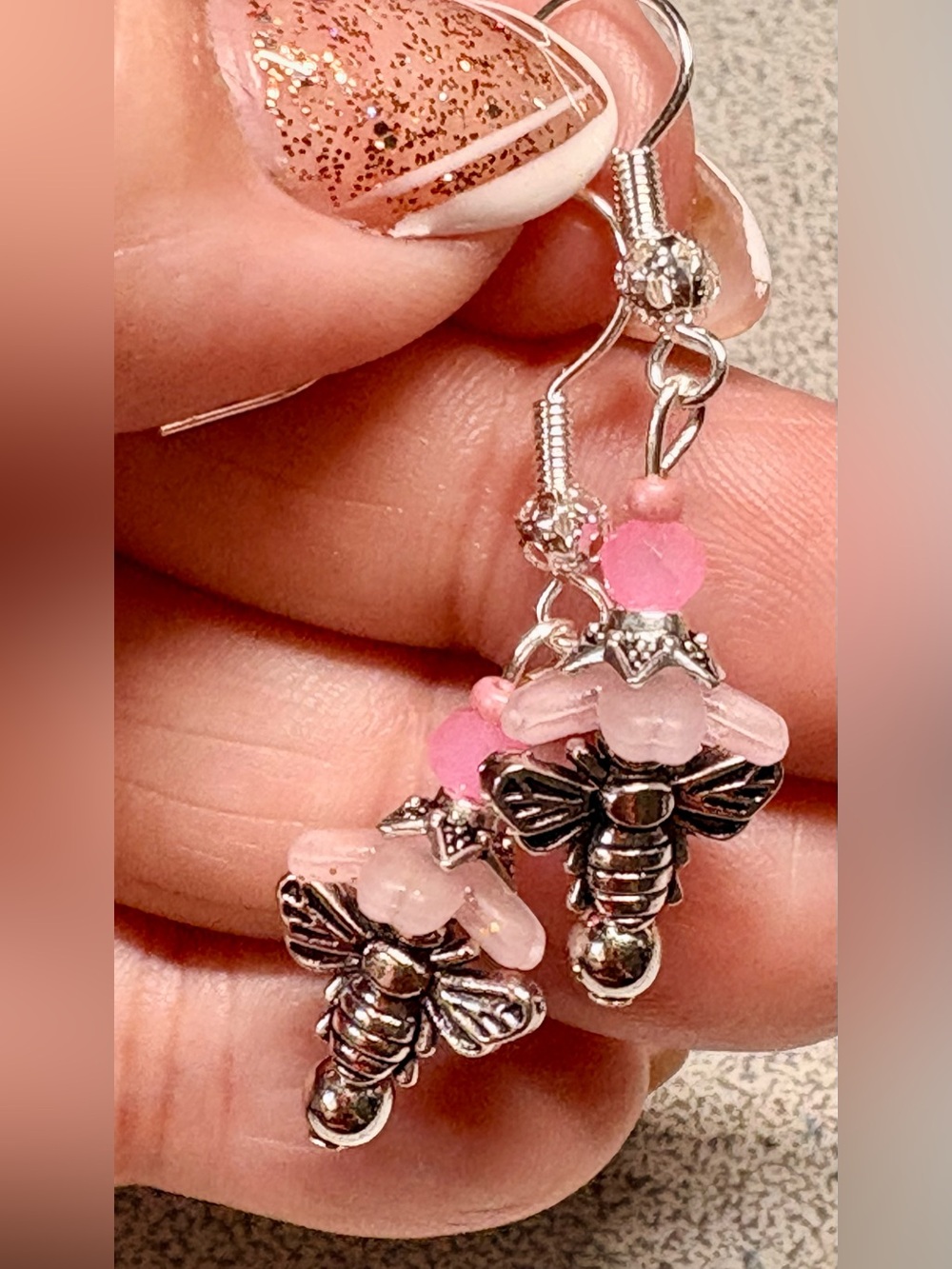 Hand Crafted Pink Bee Dangle Earrings - Silver Tone
